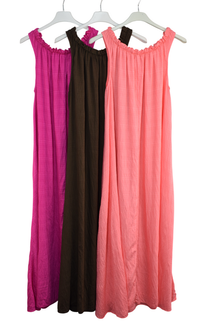 Ladies Italian Lagenlook Ruched Neck Sleeveless Maxi Long Dress with Elasticated Neckline