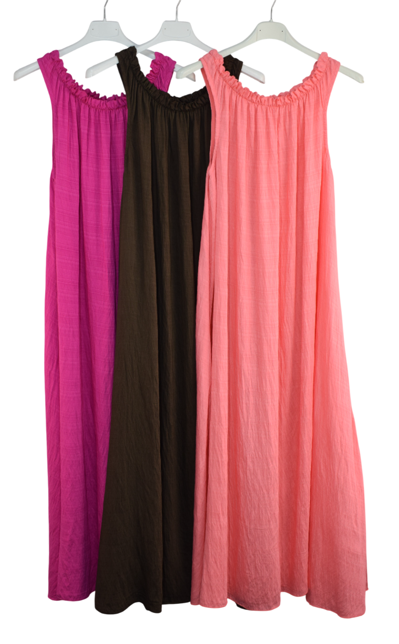 Three long dresses in pink, black, and coral on hangers against a white background.