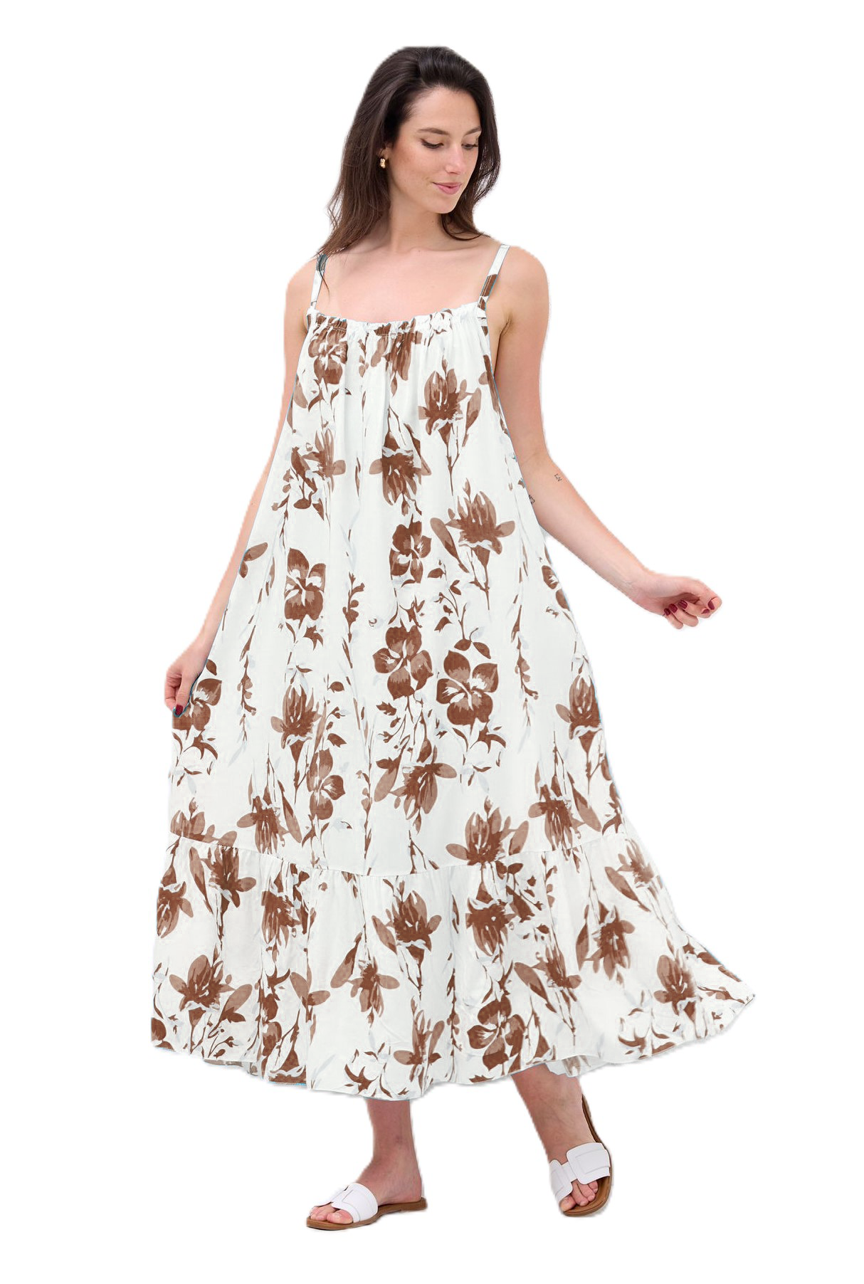 Ladies Italian Lagenlook Floral Elasticated Neckline Tiered Maxi Dress