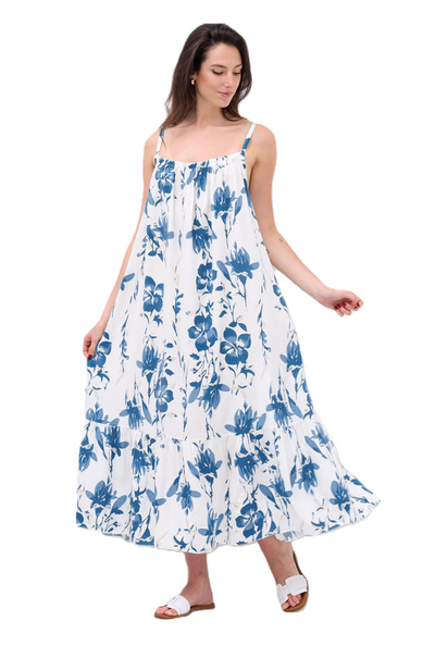 Ladies Italian Lagenlook Floral Elasticated Neckline Tiered Maxi Dress