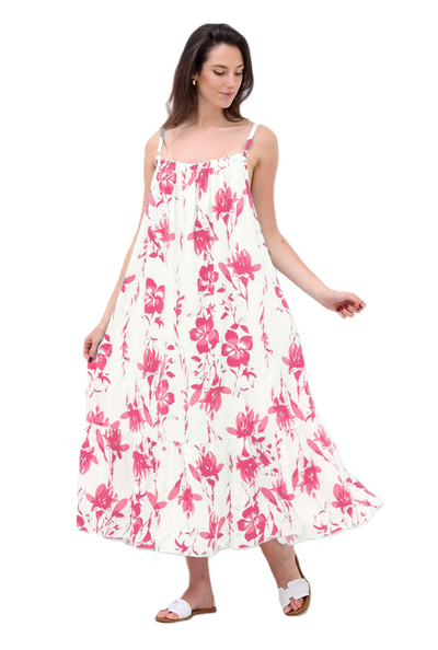 Ladies Italian Lagenlook Floral Elasticated Neckline Tiered Maxi Dress