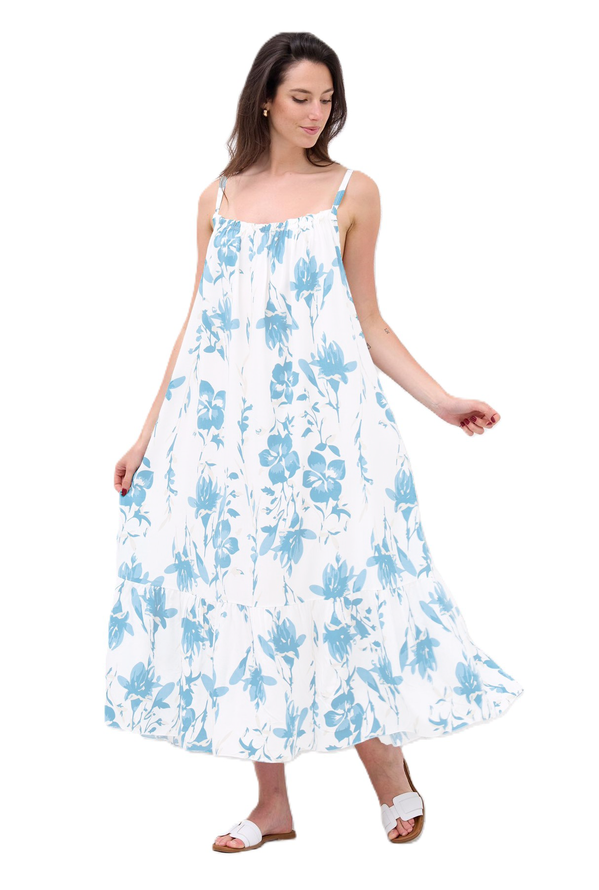 Ladies Italian Lagenlook Floral Elasticated Neckline Tiered Maxi Dress