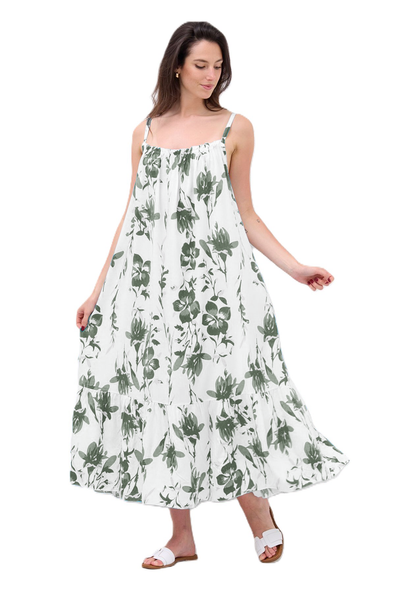 Ladies Italian Lagenlook Floral Elasticated Neckline Tiered Maxi Dress