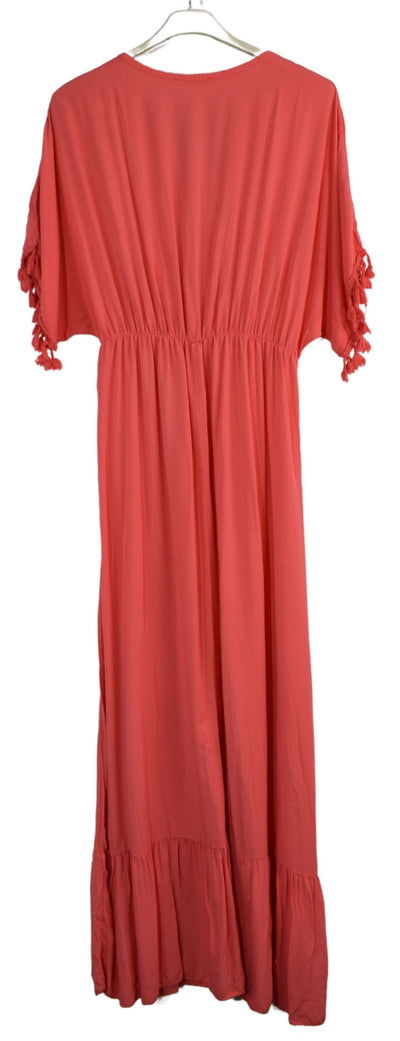 Plain V-Neck Kaftan Maxi Dress Short Sleeves and Tassels Italian Lagenlook Dress **CLEARANCE**