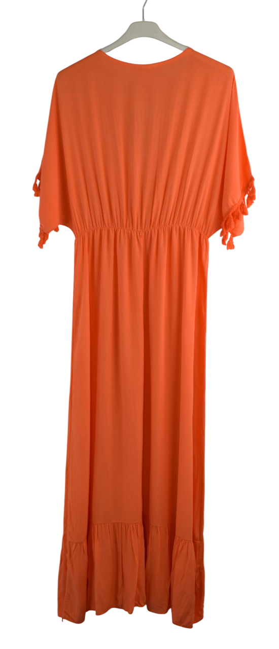 Plain V-Neck Kaftan Maxi Dress Short Sleeves and Tassels Italian Lagenlook Dress