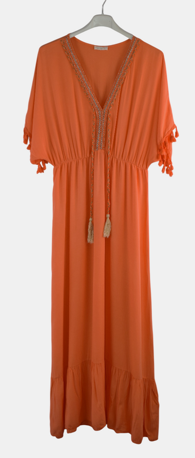 Plain V-Neck Kaftan Maxi Dress Short Sleeves and Tassels Italian Lagenlook Dress