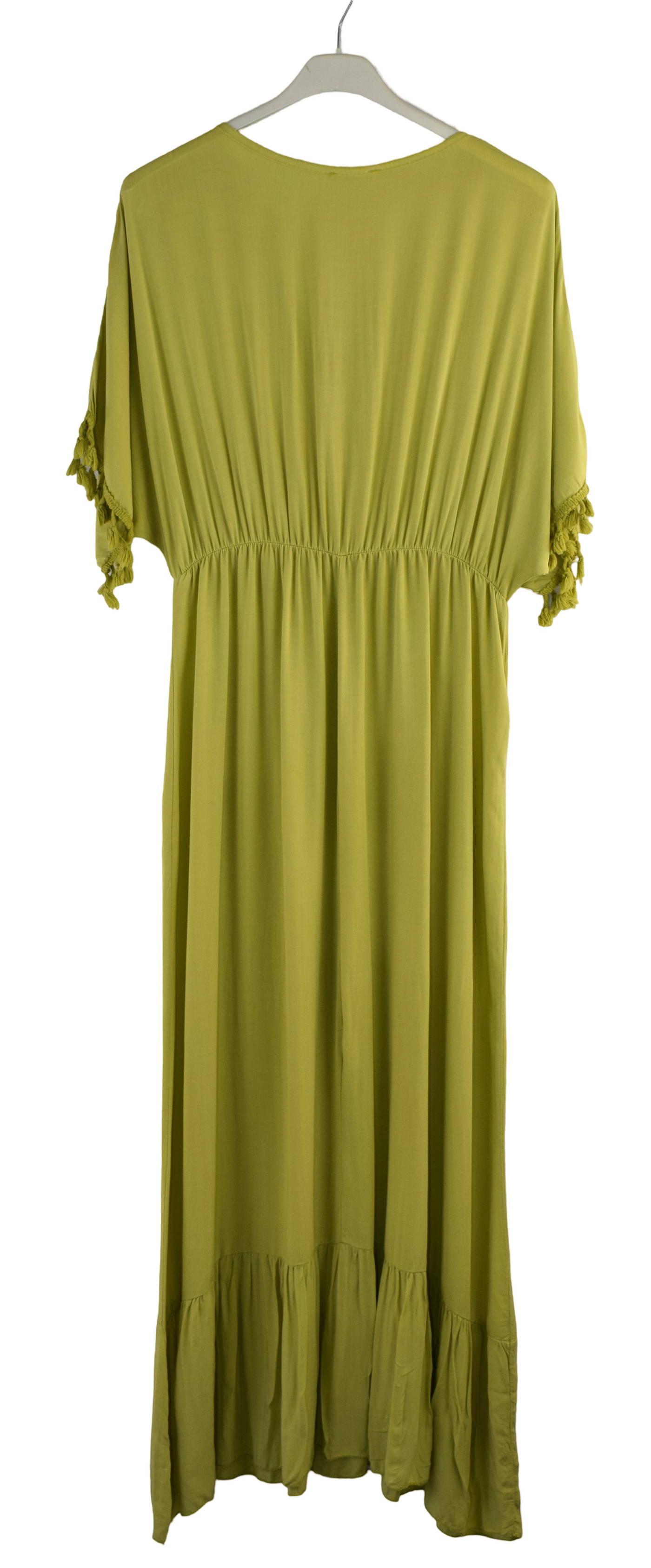 Plain V-Neck Kaftan Maxi Dress Short Sleeves and Tassels Italian Lagenlook Dress