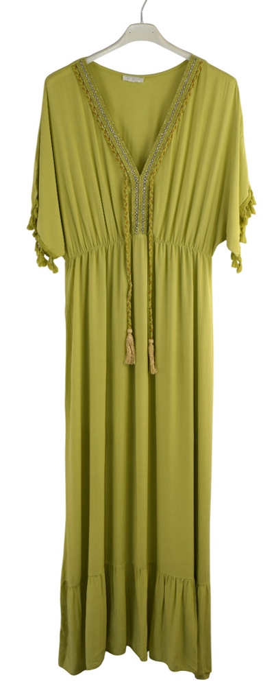 Plain V-Neck Kaftan Maxi Dress Short Sleeves and Tassels Italian Lagenlook Dress