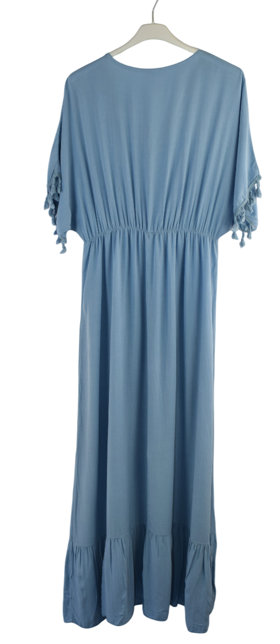 Plain V-Neck Kaftan Maxi Dress Short Sleeves and Tassels Italian Lagenlook Dress