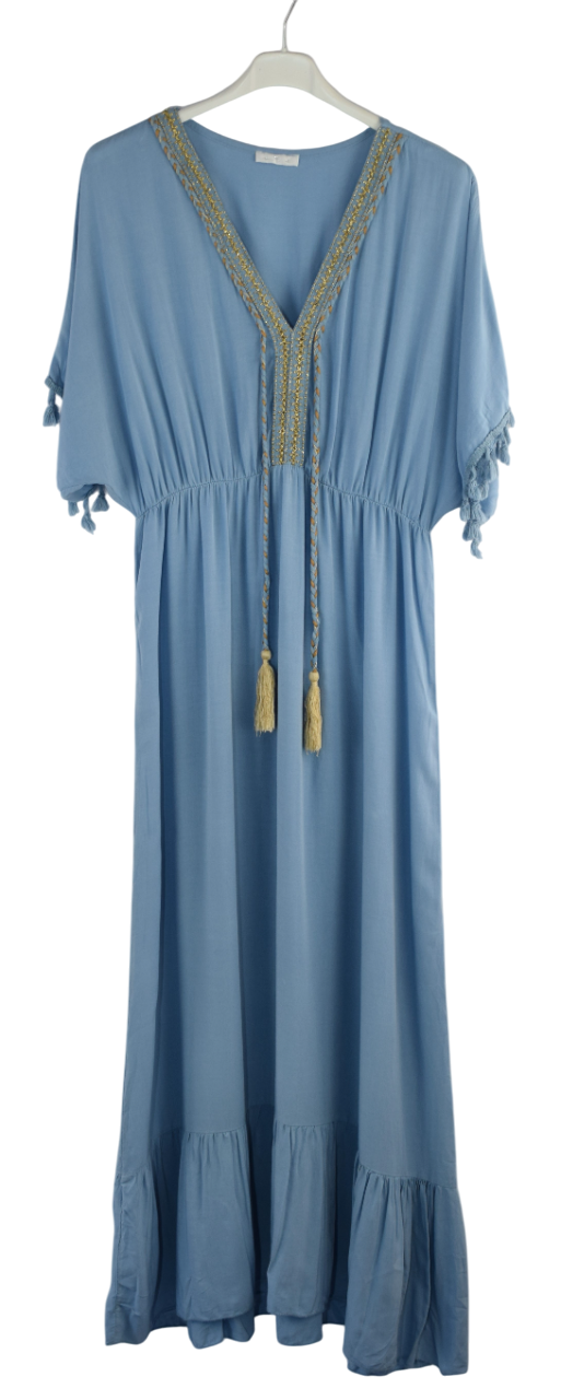 Plain V-Neck Kaftan Maxi Dress Short Sleeves and Tassels Italian Lagenlook Dress