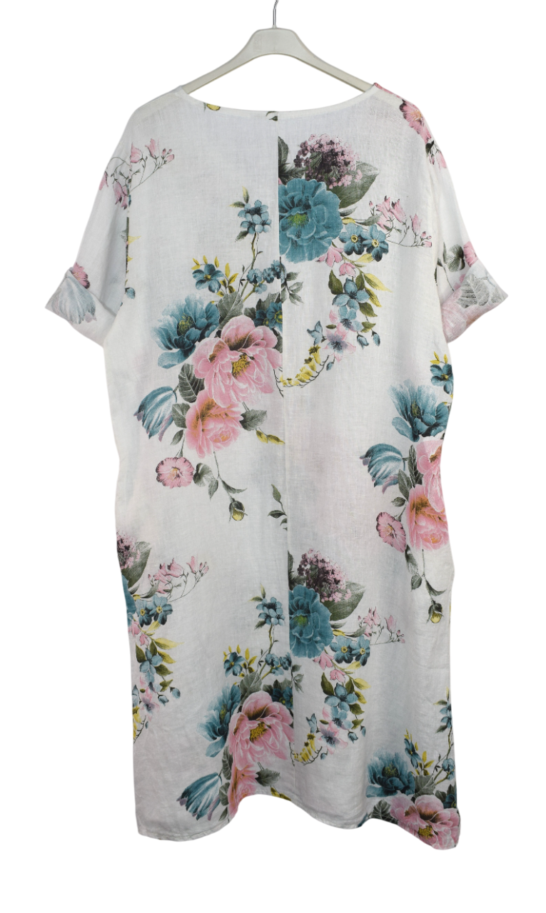 Italian Lagenlook Linen Floral A-Line Midi Dress Lightweight Summer Tunic Dress