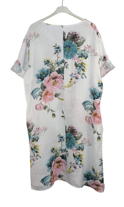 Italian Lagenlook Linen Floral A-Line Midi Dress Lightweight Summer Tunic Dress