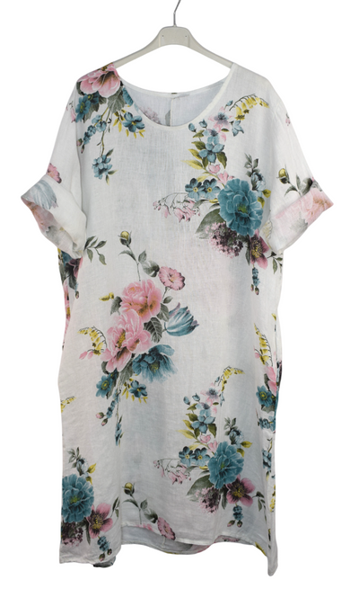 Italian Lagenlook Linen Floral A-Line Midi Dress Lightweight Summer Tunic Dress