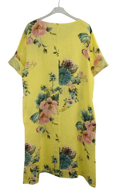 Italian Lagenlook Linen Floral A-Line Midi Dress Lightweight Summer Tunic Dress