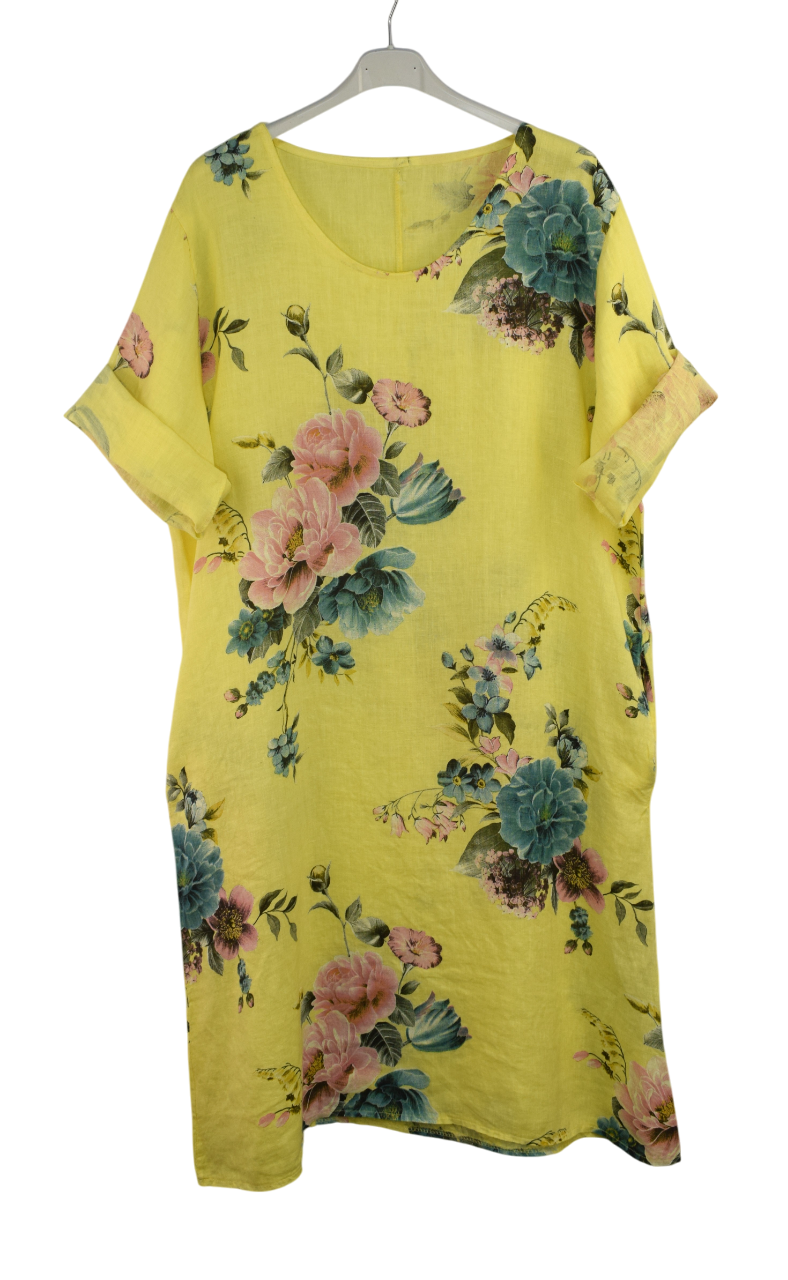 Italian Lagenlook Linen Floral A-Line Midi Dress Lightweight Summer Tunic Dress