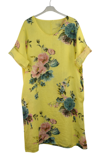 Italian Lagenlook Linen Floral A-Line Midi Dress Lightweight Summer Tunic Dress