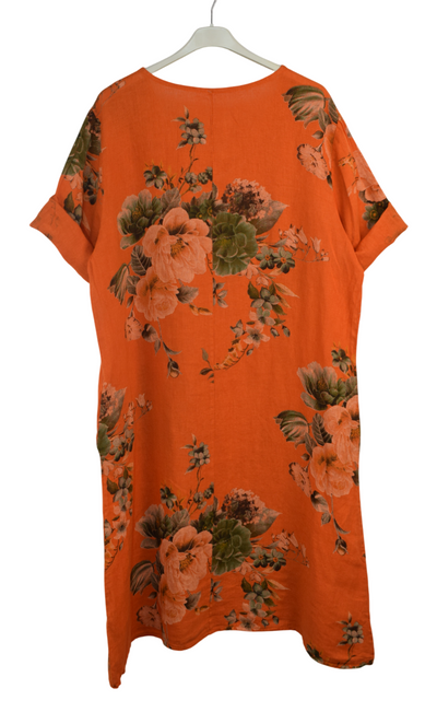 Italian Lagenlook Linen Floral A-Line Midi Dress Lightweight Summer Tunic Dress