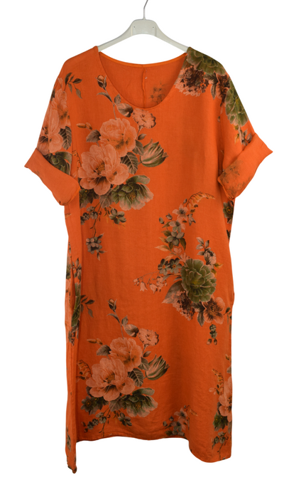 Italian Lagenlook Linen Floral A-Line Midi Dress Lightweight Summer Tunic Dress