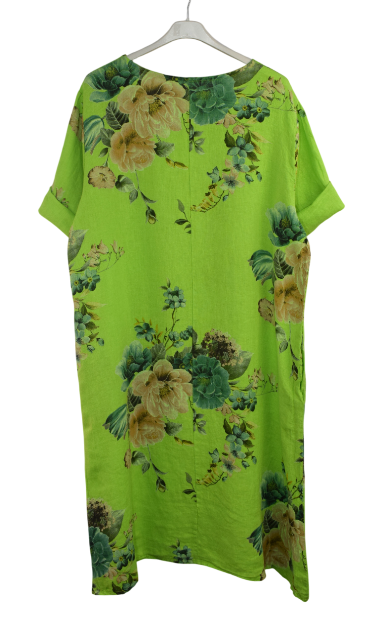 Italian Lagenlook Linen Floral A-Line Midi Dress Lightweight Summer Tunic Dress
