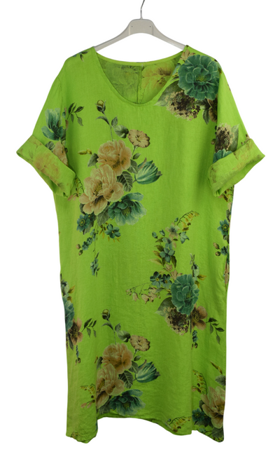 Italian Lagenlook Linen Floral A-Line Midi Dress Lightweight Summer Tunic Dress