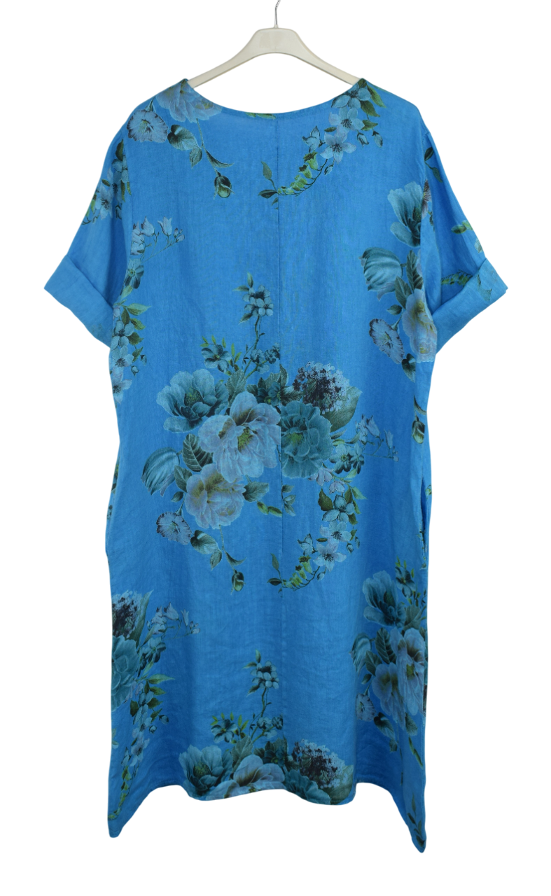 Italian Lagenlook Linen Floral A-Line Midi Dress Lightweight Summer Tunic Dress