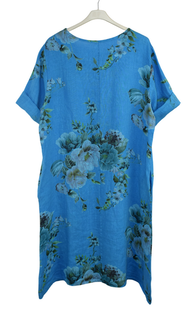 Italian Lagenlook Linen Floral A-Line Midi Dress Lightweight Summer Tunic Dress