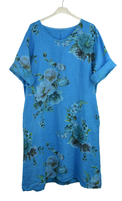 Italian Lagenlook Linen Floral A-Line Midi Dress Lightweight Summer Tunic Dress