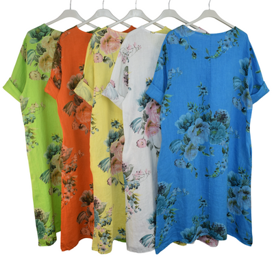 Italian Lagenlook Linen Floral A-Line Midi Dress Lightweight Summer Tunic Dress