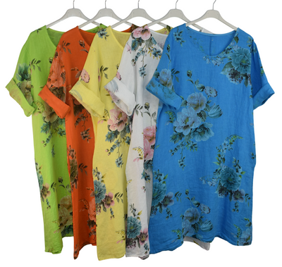 Italian Lagenlook Linen Floral A-Line Midi Dress Lightweight Summer Tunic Dress