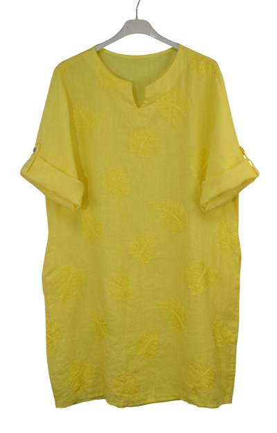 Italian Lagenlook Linen Leaf Embroidered A-Line Tunic Dress Lightweight Summer Dress
