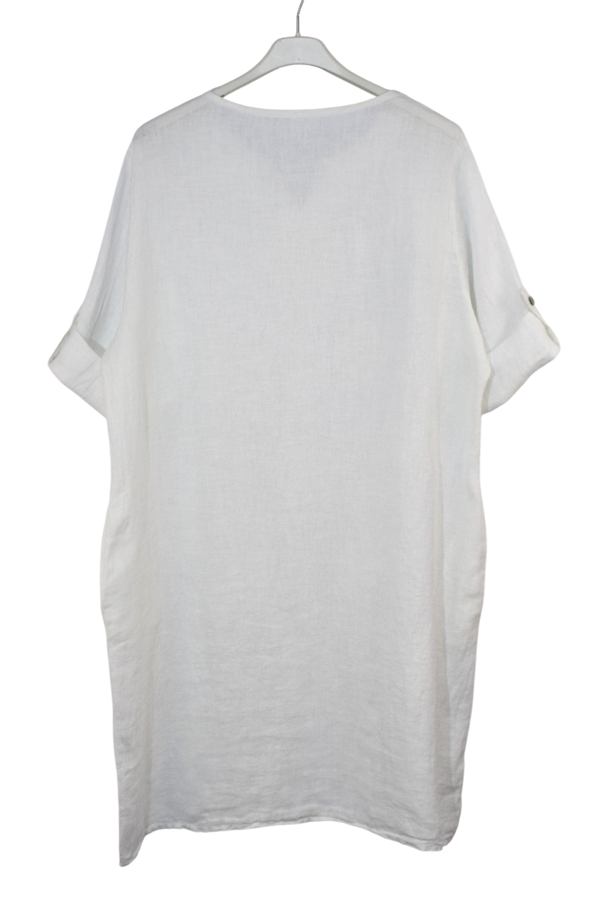 Italian Lagenlook Linen Leaf Embroidered A-Line Tunic Dress Lightweight Summer Dress