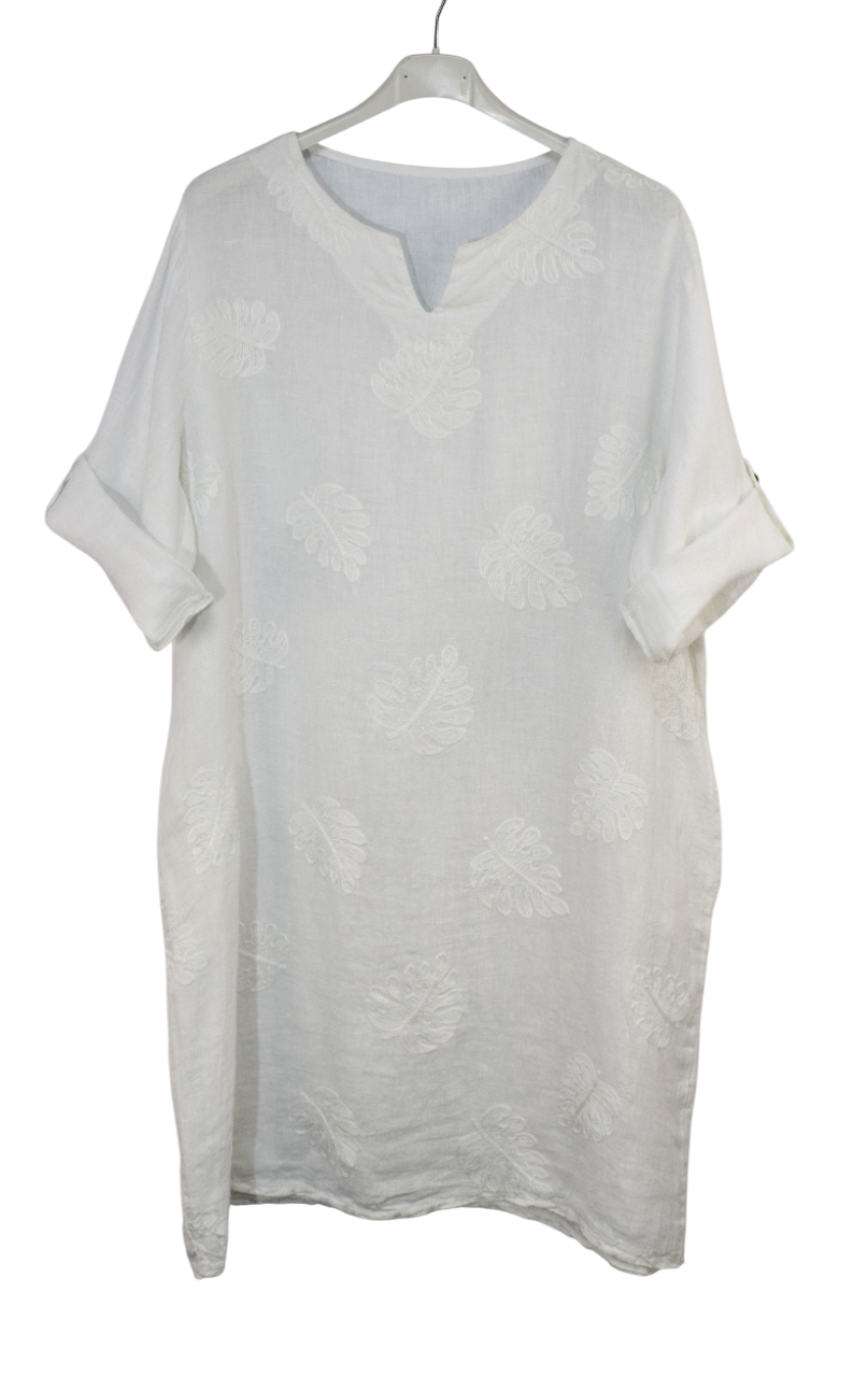 Italian Lagenlook Linen Leaf Embroidered A-Line Tunic Dress Lightweight Summer Dress
