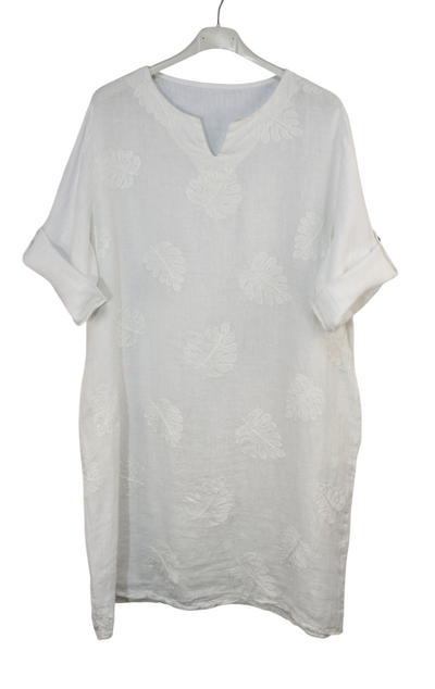 Italian Lagenlook Linen Leaf Embroidered A-Line Tunic Dress Lightweight Summer Dress