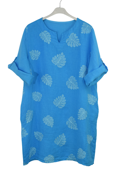 Italian Lagenlook Linen Leaf Embroidered A-Line Tunic Dress Lightweight Summer Dress