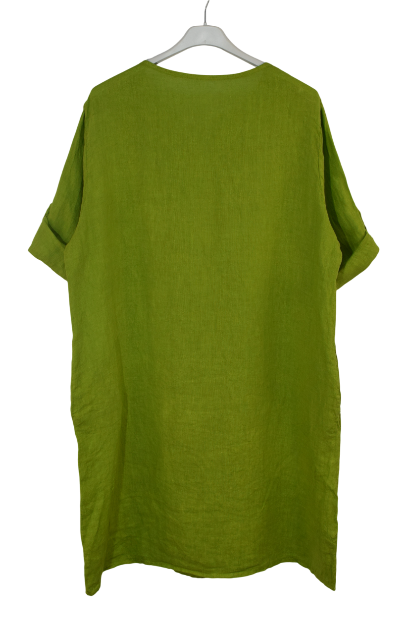 Italian Lagenlook Linen Leaf Embroidered A-Line Tunic Dress Lightweight Summer Dress