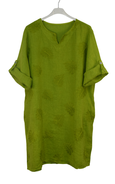 Italian Lagenlook Linen Leaf Embroidered A-Line Tunic Dress Lightweight Summer Dress