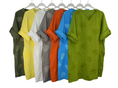 Italian Lagenlook Linen Leaf Embroidered A-Line Tunic Dress Lightweight Summer Dress