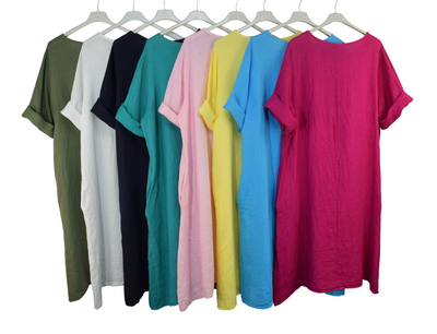 Italian Lagenlook Linen Plain A-Line Tunic Dress Lightweight Summer Dress