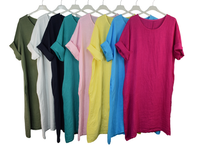 Italian Lagenlook Linen Plain A-Line Tunic Dress Lightweight Summer Dress