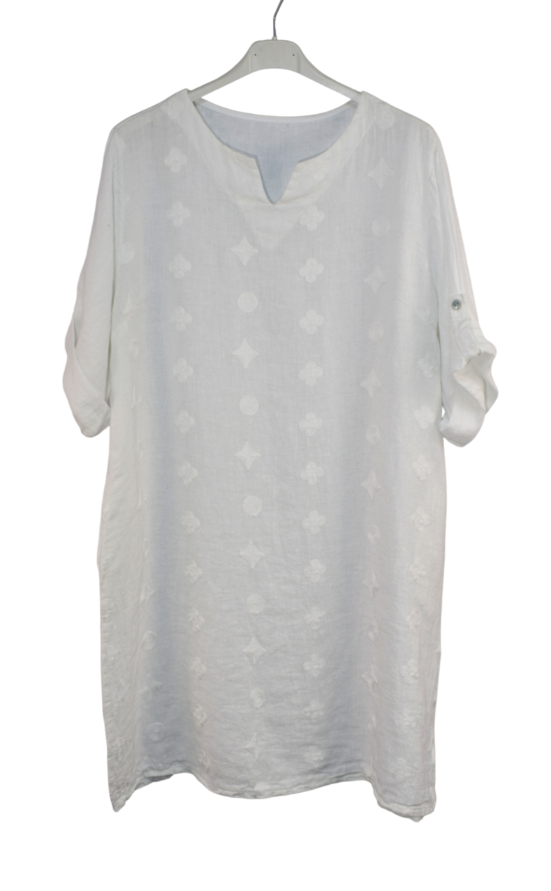 Italian Lagenlook Linen Abstract Embroidered A-Line Tunic Dress Lightweight Summer Dress