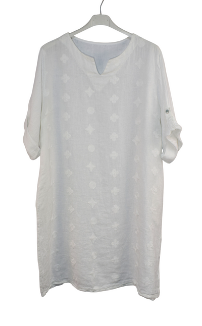 Italian Lagenlook Linen Abstract Embroidered A-Line Tunic Dress Lightweight Summer Dress