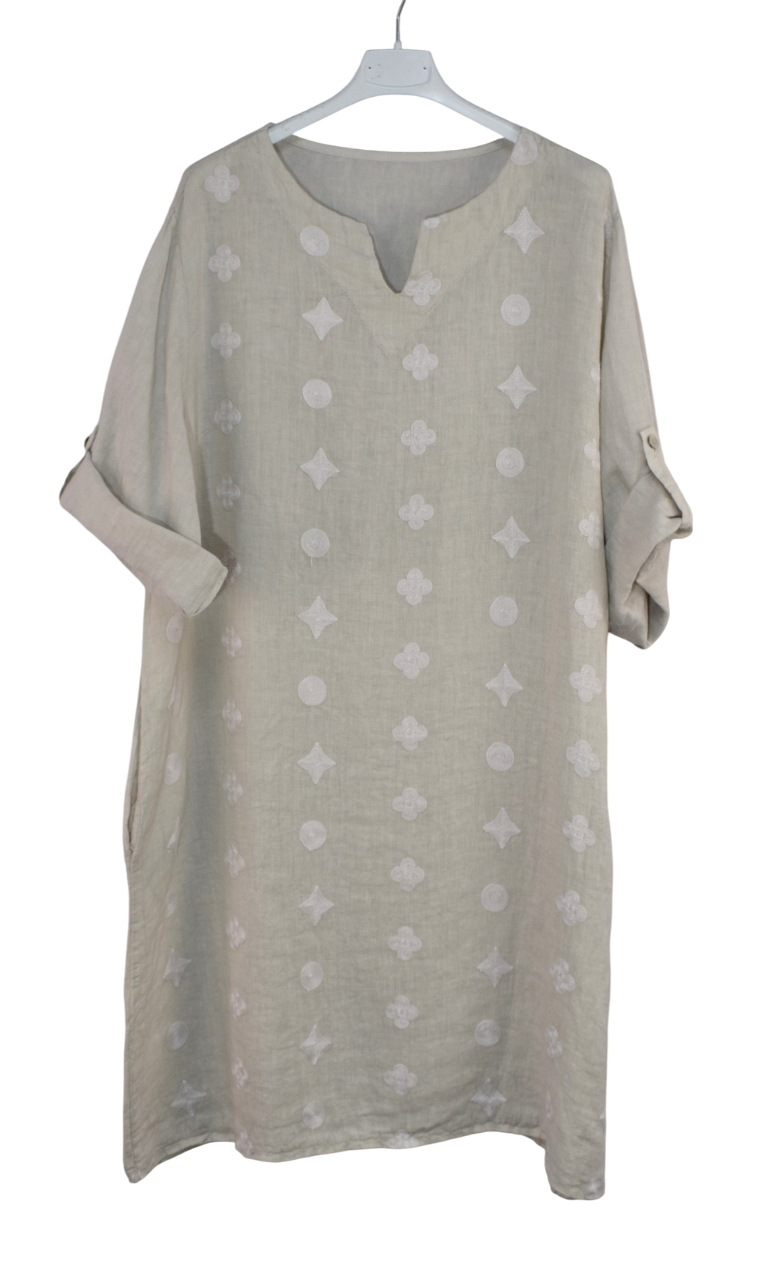 Italian Lagenlook Linen Abstract Embroidered A-Line Tunic Dress Lightweight Summer Dress