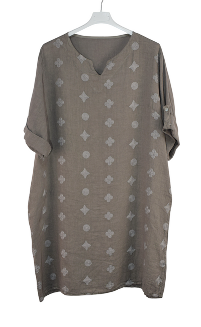 Italian Lagenlook Linen Abstract Embroidered A-Line Tunic Dress Lightweight Summer Dress