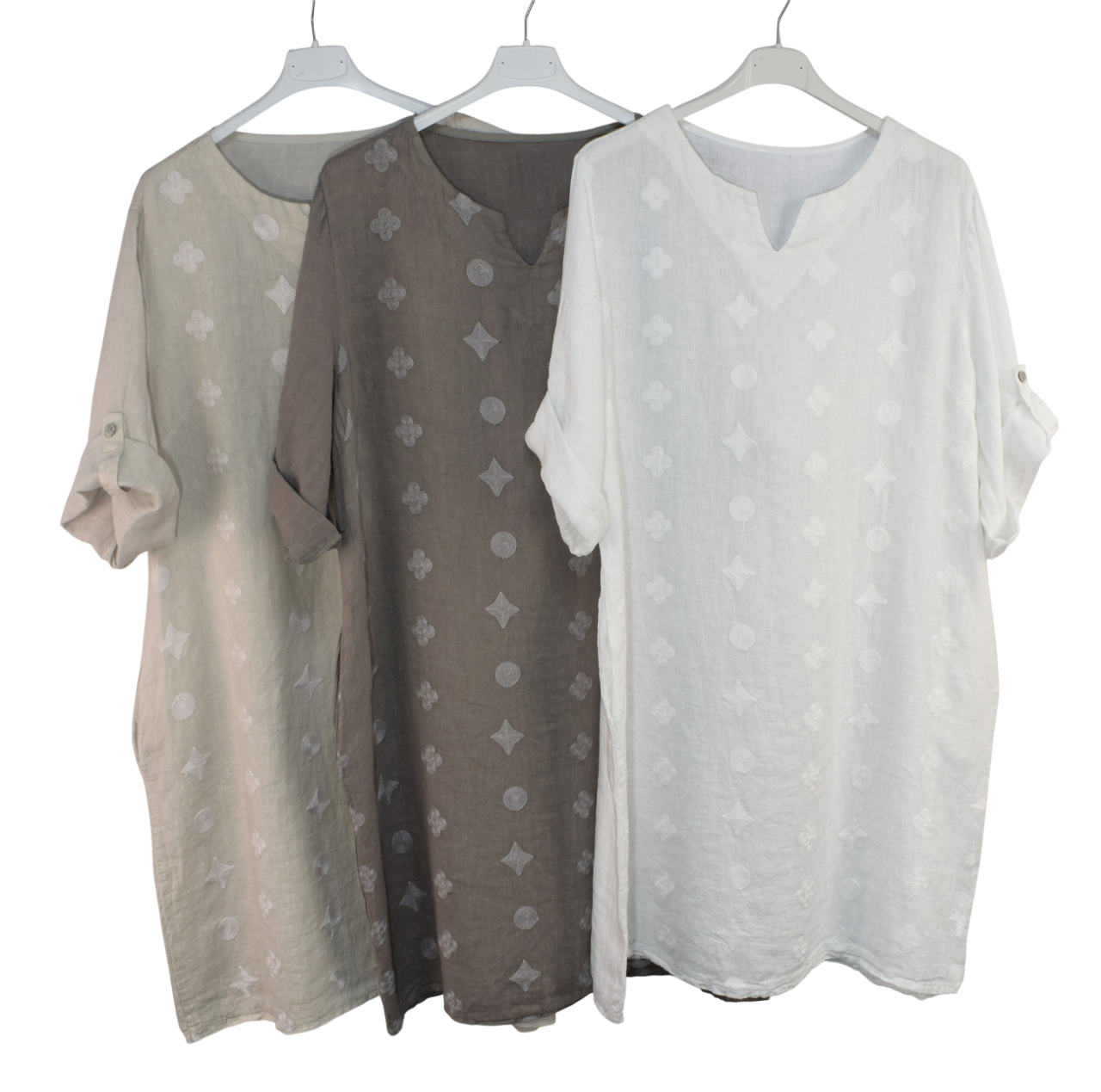 Italian Lagenlook Linen Abstract Embroidered A-Line Tunic Dress Lightweight Summer Dress