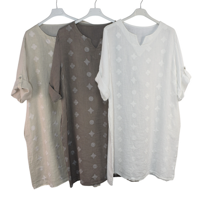 Italian Lagenlook Linen Abstract Embroidered A-Line Tunic Dress Lightweight Summer Dress