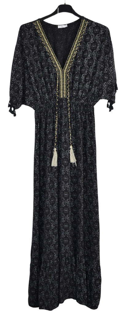 Ladies Italian Lagenlook Fine Print Kaftan Style V-neck Maxi