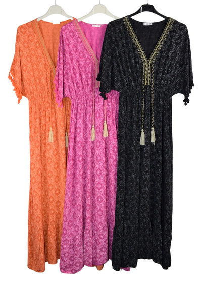 Ladies Italian Lagenlook Fine Print Kaftan Style V-neck Maxi