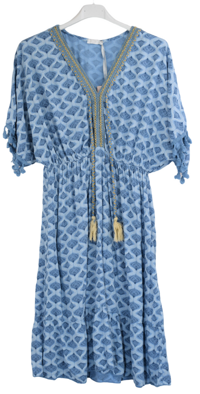 Ladies Casual Italian Lagenlook Wavy Print Summer Short Comfy Lightweight Dress with Tassels