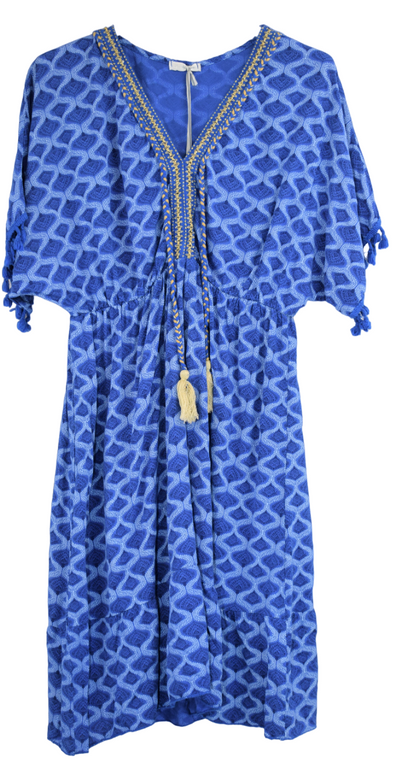 Ladies Casual Italian Lagenlook Wavy Print Summer Short Comfy Lightweight Dress with Tassels