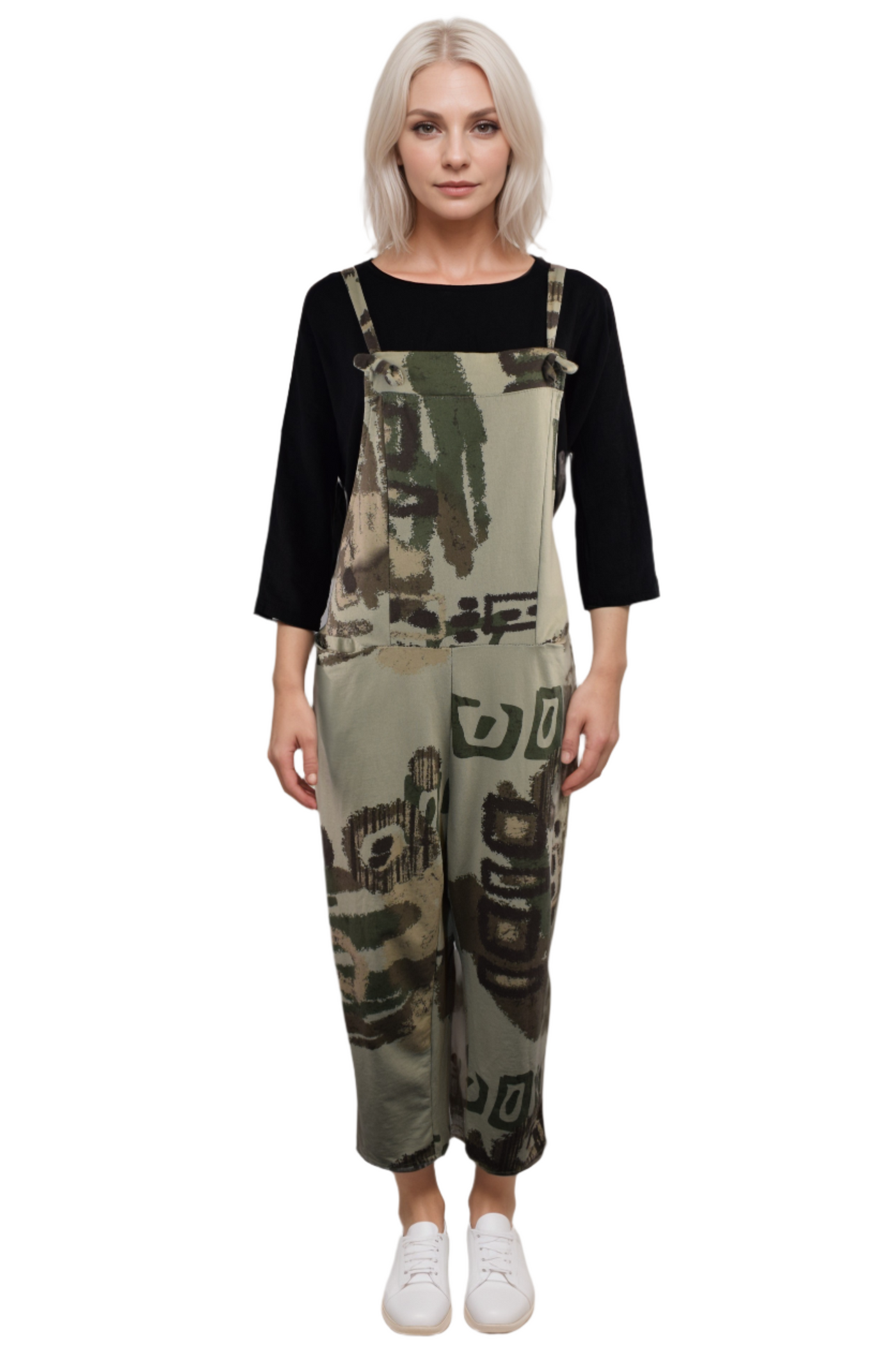 Ladies Italian Lagenlook Quirky Print Dungarees Casual Comfy All-in-One Jumpsuit